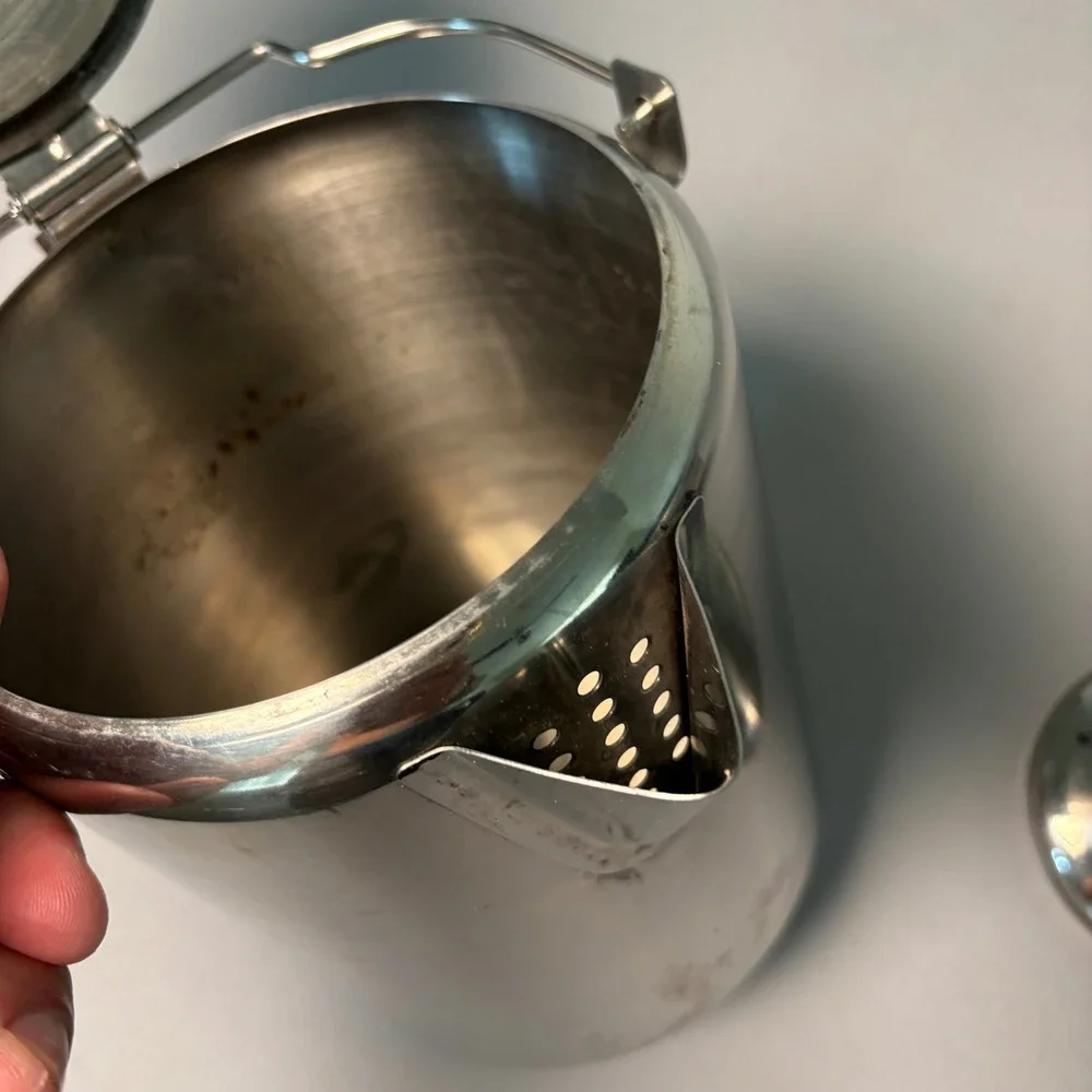 Vintage Stainless Steel Stovetop Coffee Percolator Wood Handle and Glass Knob